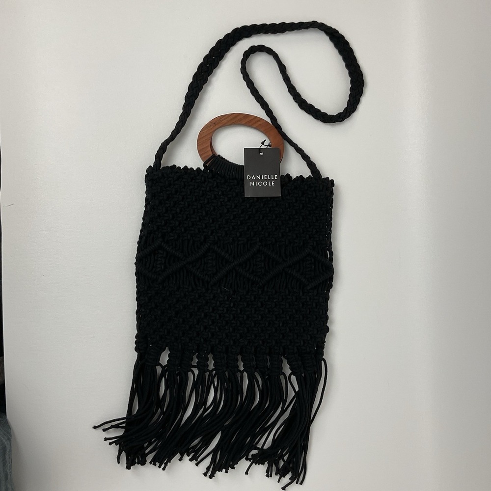 Danielle Nicole‎ Black Macrame Fringe Crossbody Shoulder Bag Boho Cottagecore